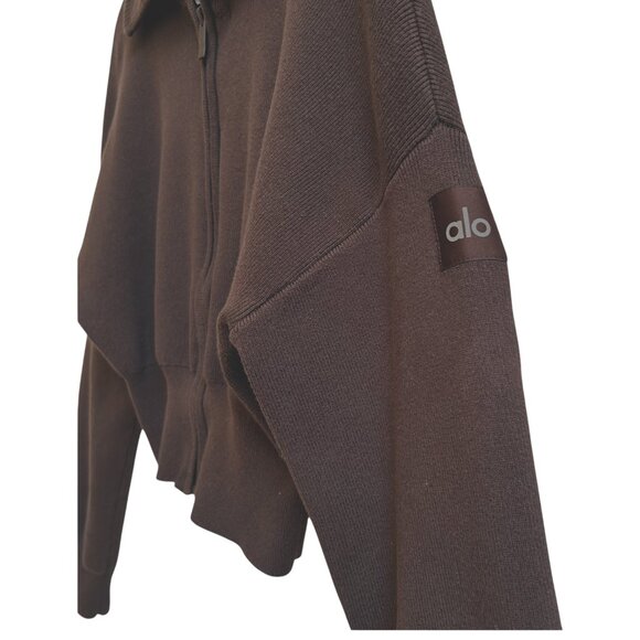 Alo Yoga Scholar Knit Cropped Zip Jacket Espresso Brown Ribbed Knit Sweater XS - Picture 5 of 9
